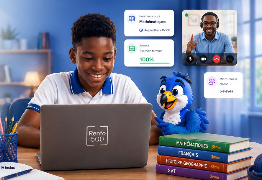 Un élève africain étudie sur Renfo500 : cours en direct avec son enseignant, exercices et Kora, l'assistant IA